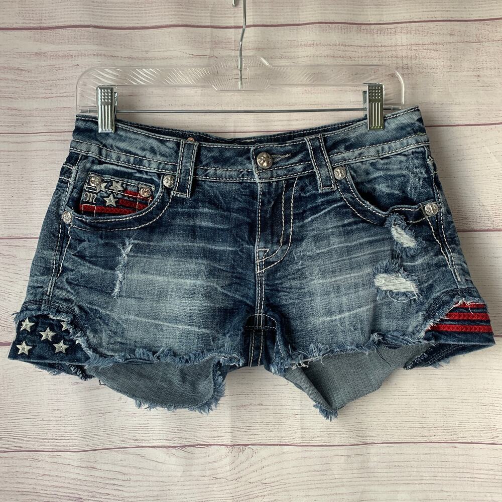 Miss Me American Flag Denim Jean Cutoff Shorts Embroidered Stars Stripes Size 28